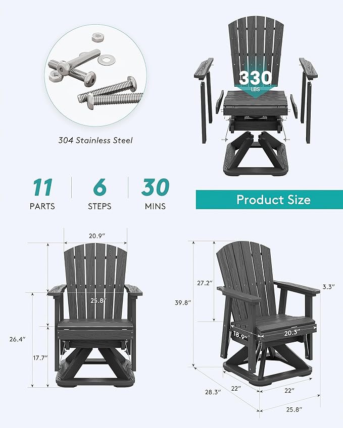 SERWALL Adirondack Swivel Glider Chair, HDPE Outdoor Glider Set of 2, All-Weather Glider Chair for Porch, Balcony, Slate Grey