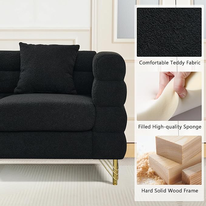mikibama Modern Teddy Loveseat Sofa, 60 Inch Sectional Sofa Couch, Luxury 2 Seater Deep Couch with 2 Pillows and Gold Metal Legs for Living Room, Bedroom, Apartment (Black)