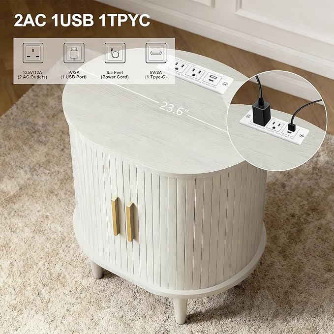 DHH Mid Century Modern Nightstand with Charging Station, Fluted Accent Side Table with Sliding Door & Adjustable Shelf, End Table for Small Space, Living Room, Bedroom,Sofa Couch(1, White)