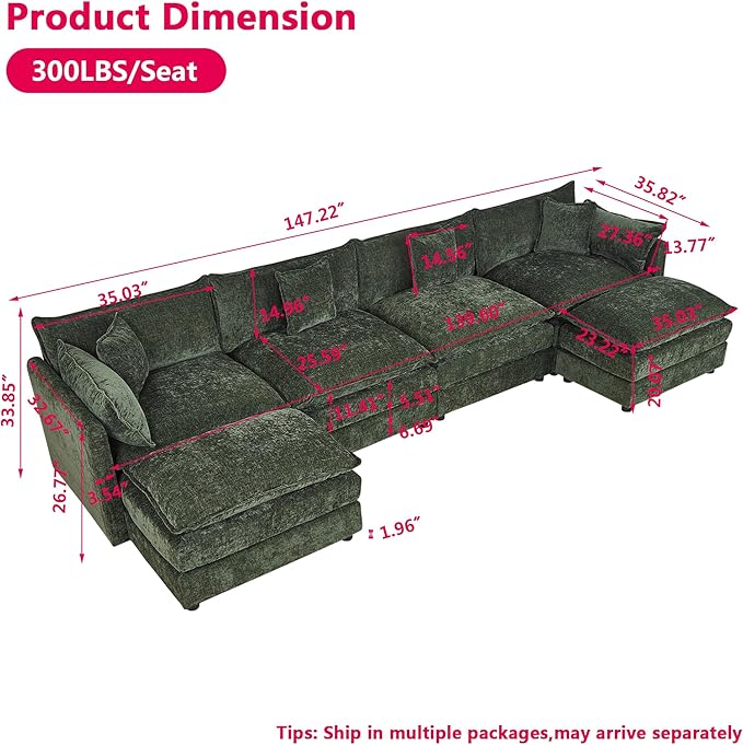 Aoowow Modular Sectional Sofa Modern Convertible U Shaped Couch,147.2 Inch Deep 4-Seater Sofas Set Comfy Chenille Cloud Sofas and Couches with Movable Ottoman for Living Room Apartment（Green）