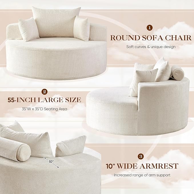 Antetek Oversized Round Chaise Longue Chair Indoor, Modern 55-inch Upholstered Waffle Chenille Deep Seat Circle Single Cloud Lounge Floor Sofa Chair for Living Room, Bedroom Apartment, Beige