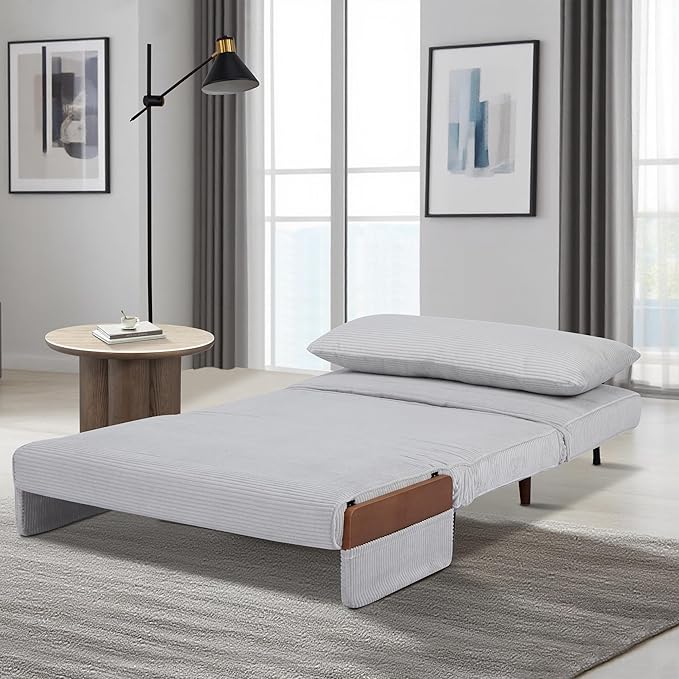 CITTANEO 42" Convertible Sleeper Chair, 3-in-1 Chair Bed Sleeper for Adults with Adjustable Backrest, Pillow & Wooden Arms, Loveseat Sofa Bed for Apartment, Office, Light Gray