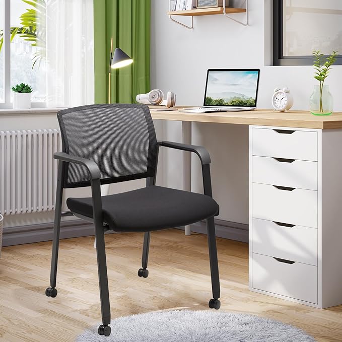 CLATINA Black Waiting Room Chair with Wheels Mesh Back Stacking Arm Chairs with Upholstered Fabric Seat and Ergonomic Lumbar Support for Office School Church Guest Reception