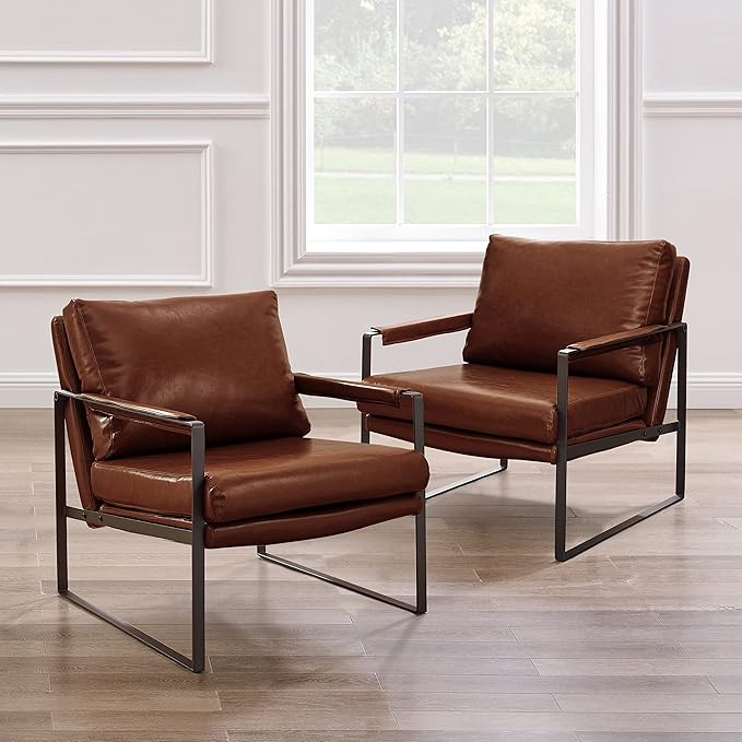 Zouron PU Leather Accent Chair for Bedroom, Living Room Chairs Modern Contemporary Upholstered Armchair with Metal Frame, for Living Room, Office, Reception Area, Set of 2, Red Brown