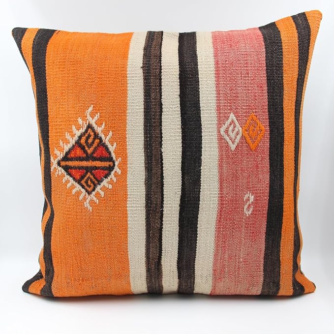 Kilimwarehouse Handmade Kilim Pillow Cover 24x24 inch Huge Sitting Pillowcase Art Deco Bohemian Design Rustic Vintage Ethnic Fireplace Pillow Size Cushion Floor Accent