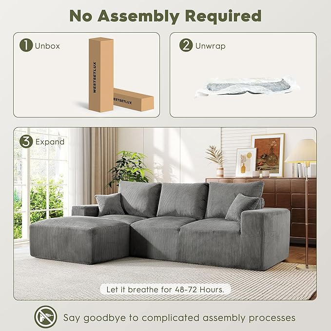 WESTSETLUX 108” Cloud Sectional Sofa Couch with High-Seat, Corduroy Modular Sofa with Oversized Chaise, High-Back Modern L-Shaped Couches for Living Room, No Assembly Required (Grey)