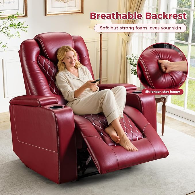 ANJ Power Recliner Chair with USB Ports and Cup Holders - Overstuffed Electric Home Theater Seating PU Leather Reclining Furniture with Hidden Arm Storage, Easy to Clean (Red)