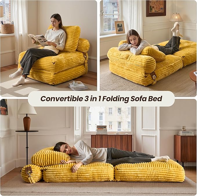 ovios Folding Sofa Bed, Foldable Sleeper Chair Floor Futon, Comfy Portable Convertible Fold Out Lounge Chairs for Living Room Bedroom, Yellow
