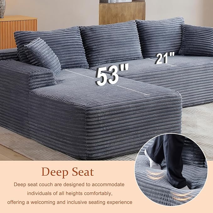 HYJT-H&K Modular Sectional Sofa Cloud Sectional Couch, 95" Comfy Fluffy L Shaped Grey Couches for Living Room, Deep Seat Memory Foam Plush Corduroy Boneless Couch Sectionals Left Facing Chaise Sofa