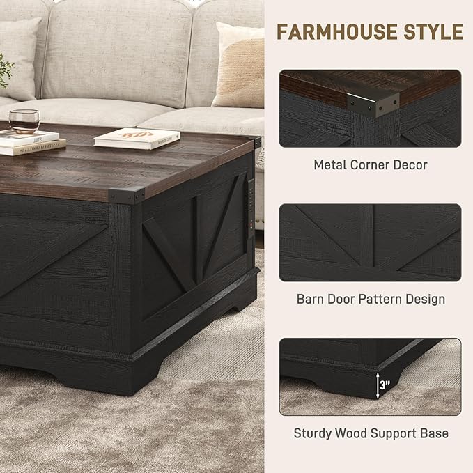 Hlivelood 40” Large Farmhouse Lift Top Coffee Table with Power Outlets and Large Hidden Storage, Square Wood Living Room Tables, Multi-Function Lift Wooden Barn Door Center Table, Black