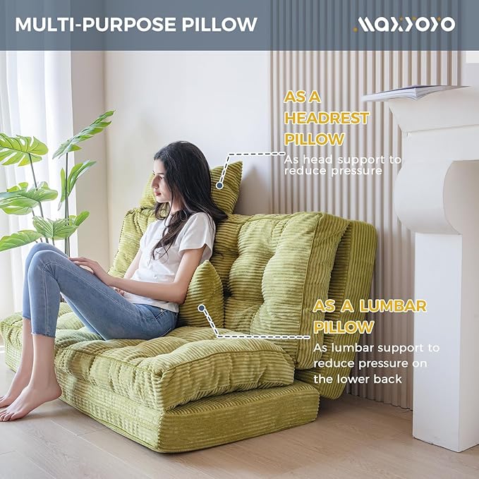 MAXYOYO Bean Bag Bed Tufted Folding Sofa Couch with Pillows Floor Mattress for Adults, Extra Thick and Long Floor Sofa, Full Floor Couch Bed for Bedroom Living Room, Green, 54x91 Inch