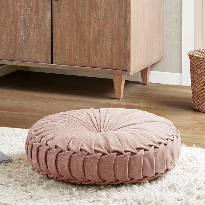 Intelligent Design Loretta Round Chenille Tufted Floor Pillow with Elegant Pleated Design, Large Boho & Vintage Decorative Throw Pillow for Sofa, Bed, or Chair, 22" x 6", Blush