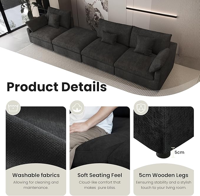 WJShome 83" Cloud Couch Sectional for Living Room, Down Filled Modular Sectional Sofa,L Shaped Sofas with Ottoman,Convertible Couch, Sofa Covers Washable&Replaceable,Black
