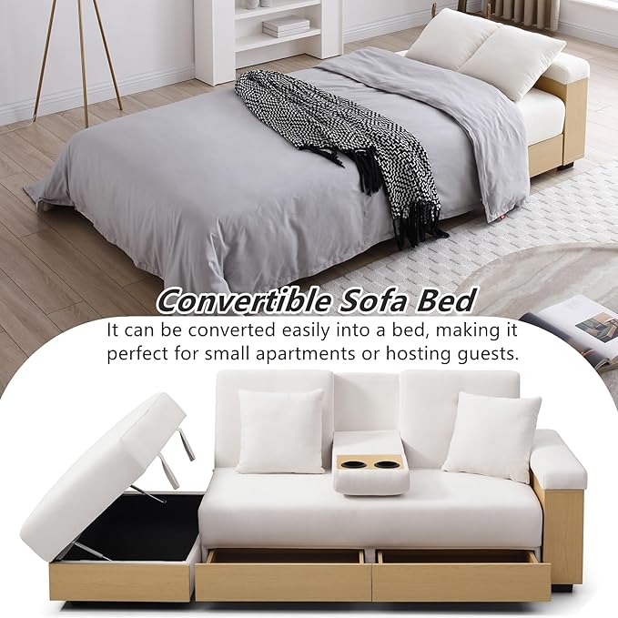 Roockky Convertible Sofa Bed, 85" Folding Sectional Sleeper Sofa with Storage Ottoman, Drawers, Built-in Bookshelves and 2 Cup Holders, Linen (Beige)