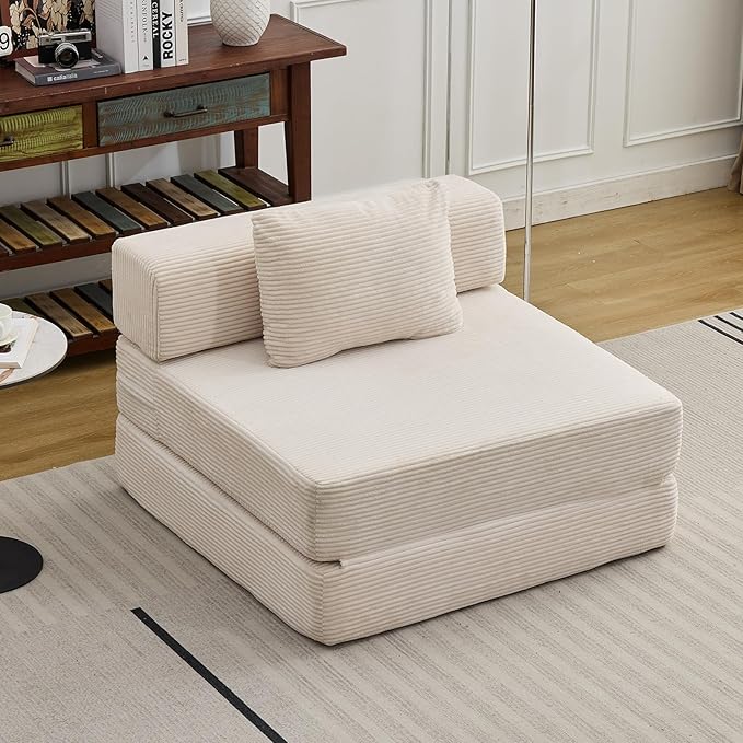Folding Sofa Bed, Convertible Sleeper Chair with Pillow, Single Sofa with Back Support, Portable Fold Out Chair Cloud Couch Bed, Comfy Floor Sofa Lounge for Living Room Bedroom, White