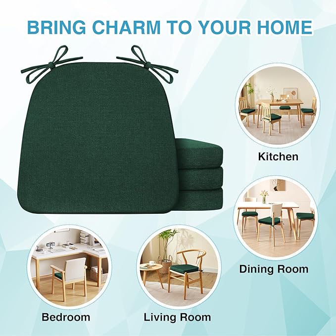 Chair Cushions for Dining Chairs Set of 4, Non Slip Kitchen Chair Pads, 17" x 16" x 2", Indoor Dining Chair Cushions with Ties, D-Shaped Seat Cushions for Kitchen Chairs, Dark Green