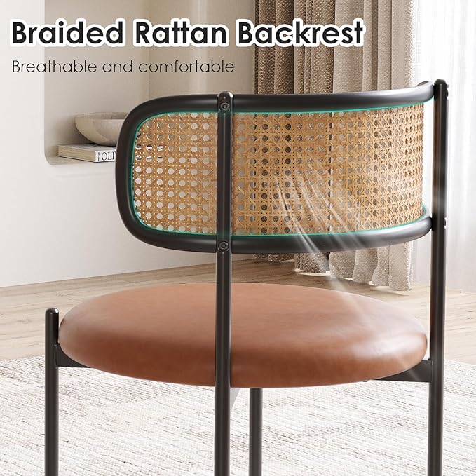 Farini Dining Chairs Set of 4, PU Leather Upholstered Seat with Woven Rattan Back, Sturdy Metal Legs Modern Side Chairs for Kitchen Living Room Restaurant, Brown