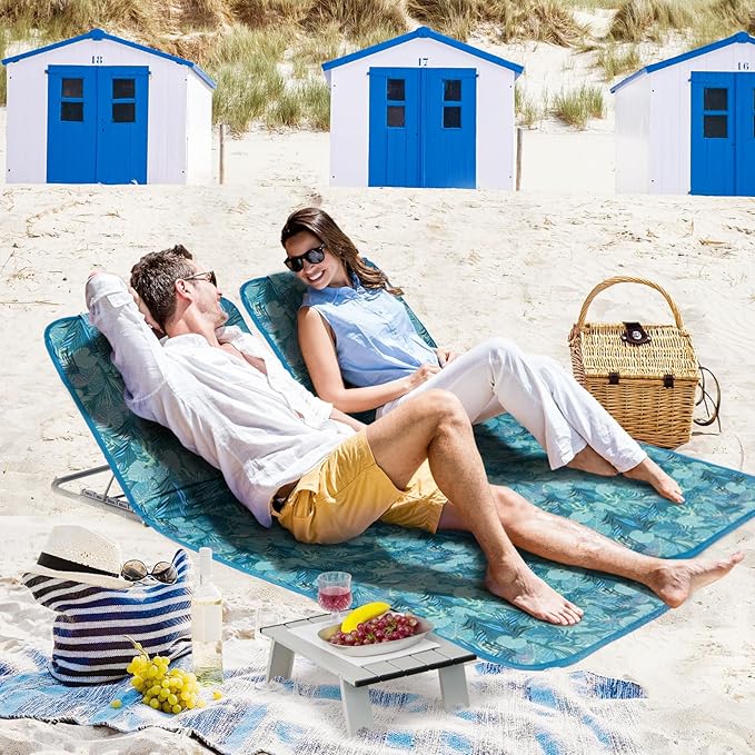 Nightcore 3-Piece Beach Chairs Set for Adults, Adjustable Lawn Chair with Side Table for Outdoor Relaxing & Sun Tanning, Portable & Folding Recline Chaise Lounge for Beach, Patio, Camping (Teal)