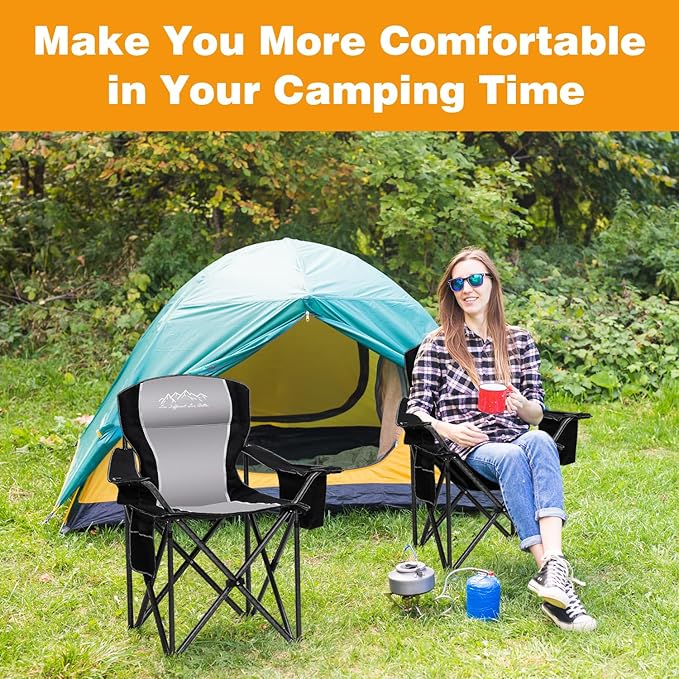 SAILARY Folding Camping Chair Portable Outdoor Heavy Duty Padded Chairs Lawn Chair with Cup Holder, Storage Pocket and Cooler Bag, Supports 450LBS Black