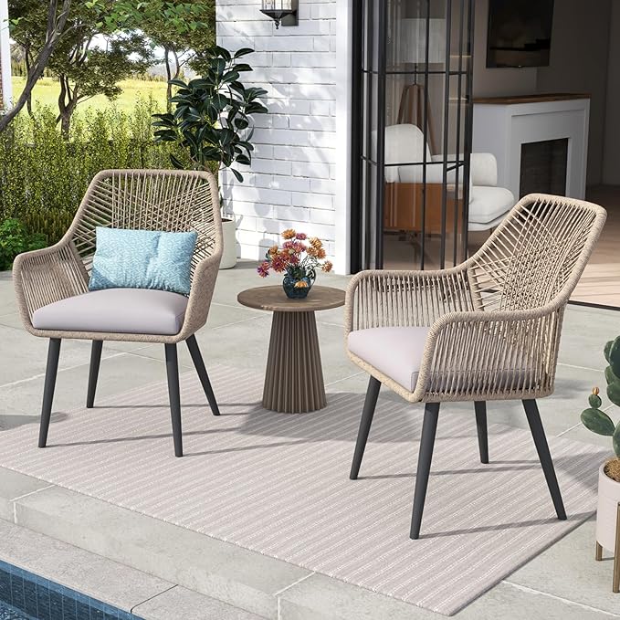 Patiorama Patio Dining Chair Set of 2, Woven Rope Outdoor Dining Chairs w/Steel Frame, All-Weather Twisted Rattan Chairs w/Armrest & Cushion, Outdoor Dining Wicker Chairs for Backyard Garden(Beige)