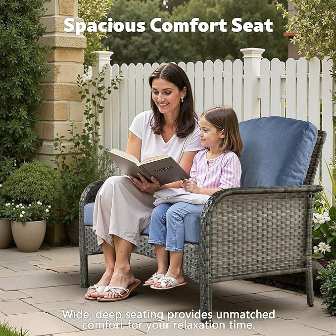 CAODOC 2 Pack Wicker Patio Furniture Chairs,Outdoor Rattan Chairs with Armrest Support 250 lb,Blue