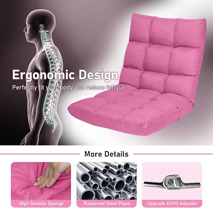 COSTWAY Floor Chair, Folding Gaming Chair with Back Support, 14 Adjustable Positions, Alloy Steel Frame, Lazy Sofa Lounge for Playing Reading Meditating Room Recliner for Adults, Kids (Pink)