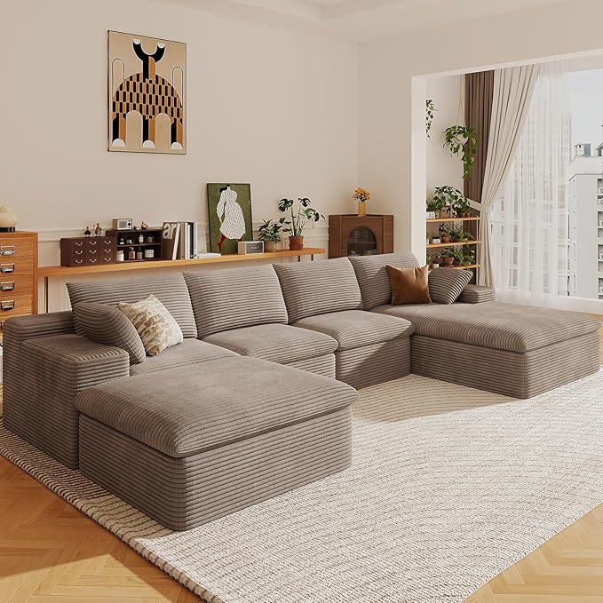 136" Cloud Sectional Couch with U-Shaped Chaise,Corduroy Viral Boneless Sofa with Ottoman,Memory Foam Couches in a Box with Deep Seat for Living Room,No Assembly Required (Camel,Right-Facing Chaise)
