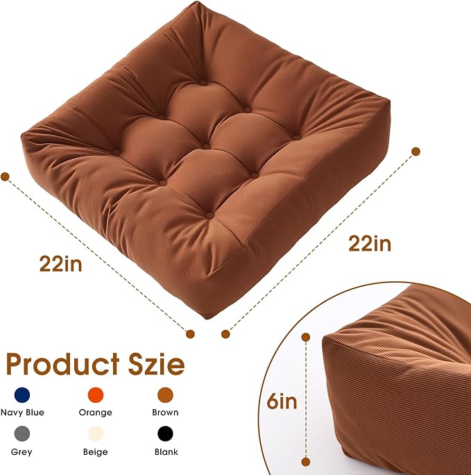 Tikuns 4Pcs Floor Pillows for Adults, 22x22 Inch Meditation Cushions, Large Square Sitting Cushion Living Room Memory Foam Pillow for Sitting (4, Brown, 22x22x6 Inch)