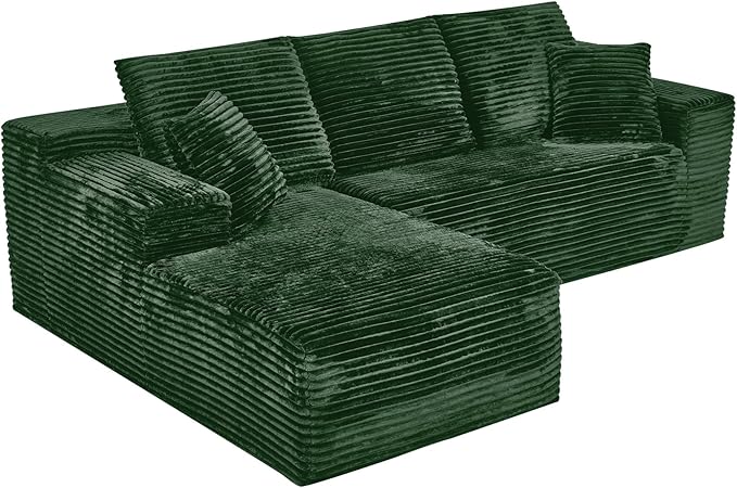 Modular Sectional Sofa Cloud Sectional Couch, 107" Comfy Fluffy L Shaped Green Couches for Living Room, Deep Seat Memory Foam Plush Corduroy Boneless Couch Sectionals with Left Facing Chaise Sofa