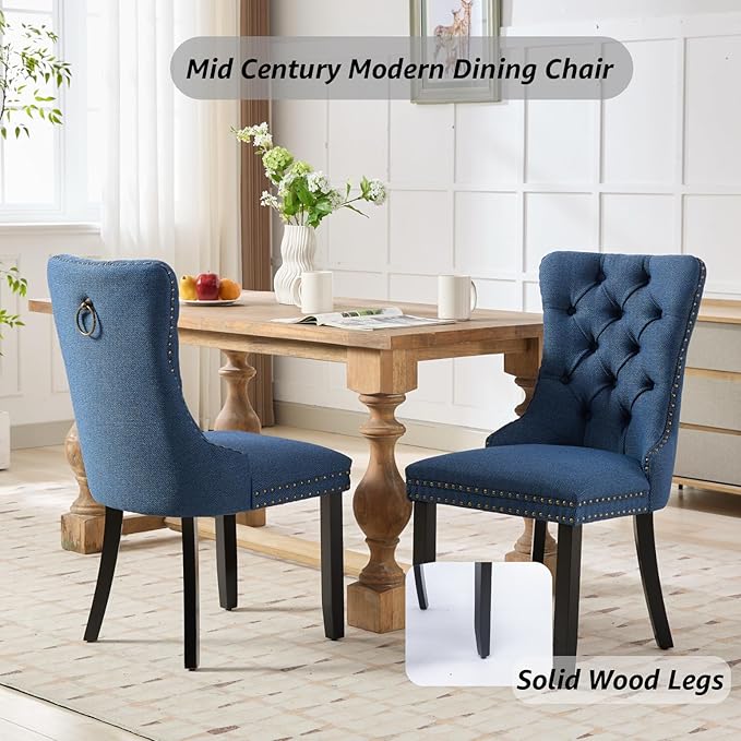 YeahFurn Blue Mid Century Modern Dining Chairs Set of 2, Linen Upholstered Kitchen & Dining Room Chairs with Nailhead Trim & Solid Wood Legs, Elegant Sillas De Comedor (Blue, 2 Pcs)