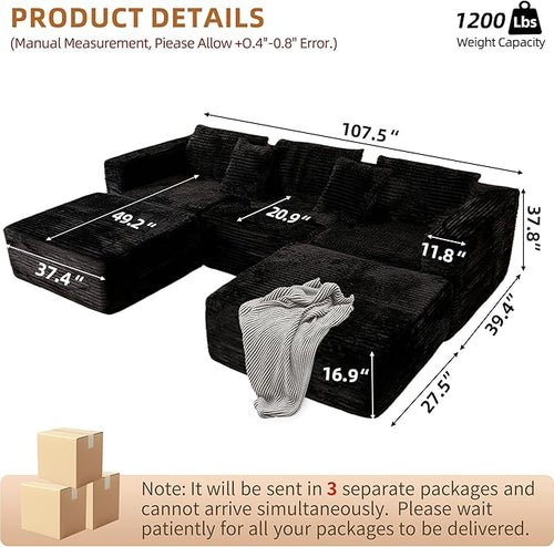 110 Modular Sectional Boneless Sofa with 2 Ottomans, Corduroy U-Shaped Modular Sectional Sofa, Convertible Cloud Couch with Deep Seats, No Assembly Required (Black, 110" 3Seat+2 0ttoman)