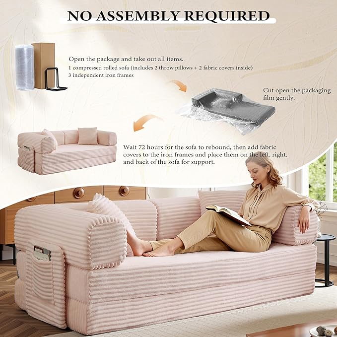 Chorlenimi Boneless Couch Futon Sofa Bed Sectional Couches for Living Room,Cloud Couch with Sleeper Sofa,Sofas for Living Room Oversized Corduroy Upholstered (Pink, 81 Inches (with Iron Frame))