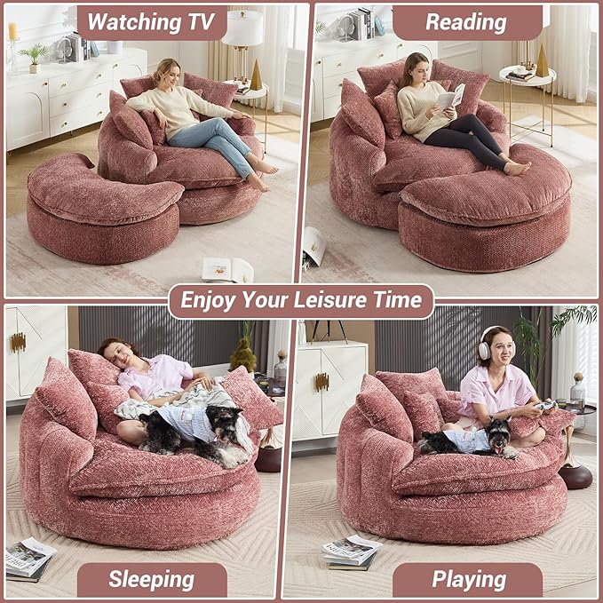 54" Oversized Round Chaise Lounge Indoor Boneless Bean Bag Chair with Movable Ottoman Fluffy Comfy Reading Chair Large Circle Cloud Couch Sleeper Sofa Bed for Living Room, Bedroom, Apartment, Pink