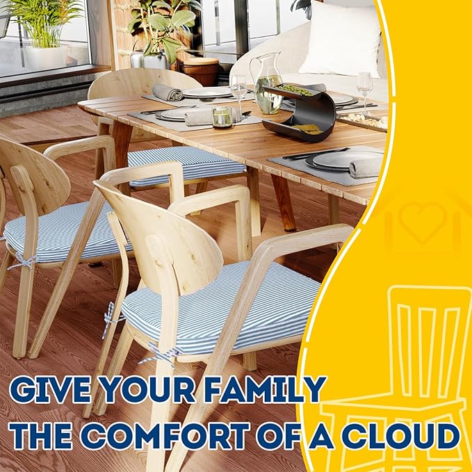 AAAAAcessories D-Shaped Chair Cushions, 2" Thick Dining Chair Pads with Ties and Removable, Machine-Washable Cover, 17" x 16", Set of 8, Pinstripe Blue