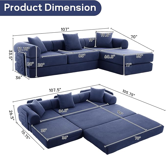L Shaped Convertible Modular Boneless Sofa Bed with Cylindrical Pillow, Corduroy Folding Floor Sofa Couch Bed with Fixed-Shape Frame & Storage Pocket for Living Room, Blue