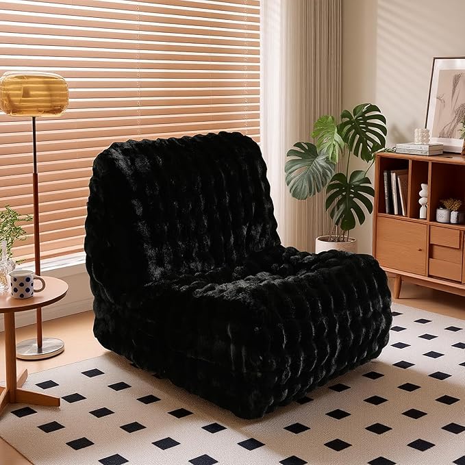 Bean Bag Chair for Adults, Lovely Bean Bag Chair with Plush Faux Fur, Lazy Floor Sofa, Comfy Reading Nook Chairs, Couch Single Sofa for Living Room Bedroom Office (Black)