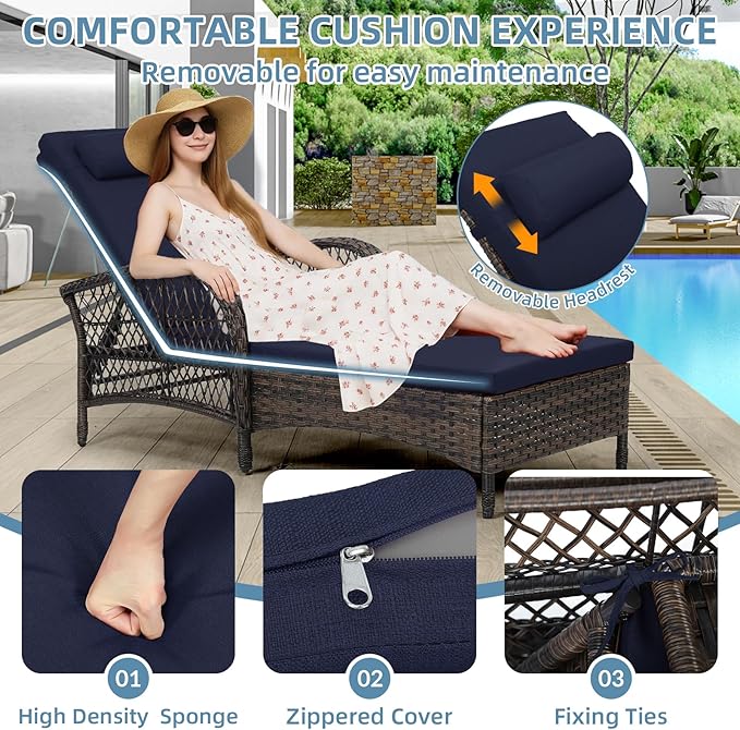 WINGTU Outdoor Chaise Lounge Chair with Side Table, All Weather PE Rattan Patio Lounge Chair with Cushion, 6-Positions Adjustable Pool Sunbathing Recliner for Poolside, Armrest & Pillow, Navy Blue