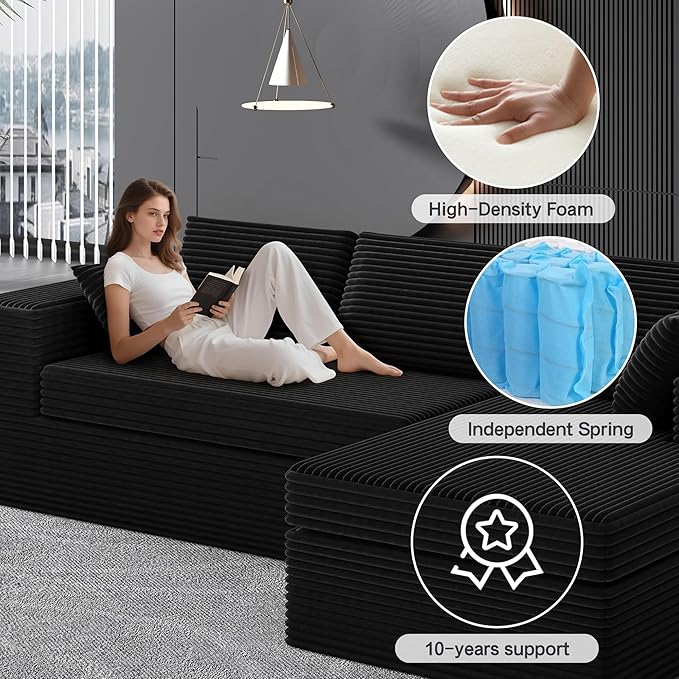 luckyvo 108-inch Boneless Couch for Living Room，Comfy Boneless Sofa with Deep Seats & Chaise Lounge, 3-Seat Modular Sofa Memory Foam Sectional Couches - No Assembly Required(Dark Black)
