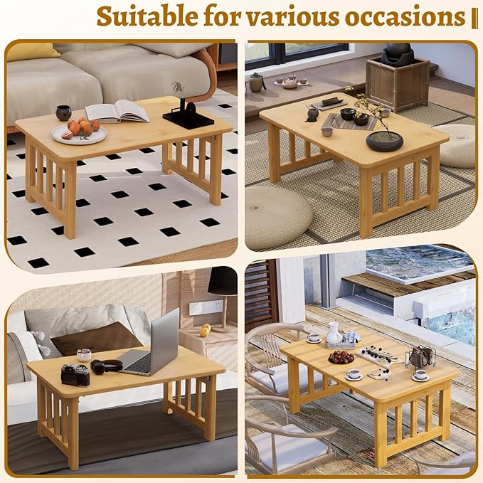 JNNXZZ Japanese Folding Coffee Table,Foldable Low Table for Sitting,Bamboo Collapsible Floor Tea Table,Portable Versatile Meditation Table for Tatami Living Room Home Office Apartment (Wood Color)