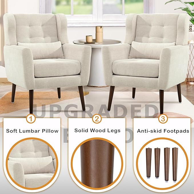 QKFF Modern Accent Chair, Upholstered Armchair with Pillow, Fabric Single Sofa Chair with Lounge Seat and Wood Legs Accent Chair for Living Room Bedroom Small Spaces (Beige, Set of 1)