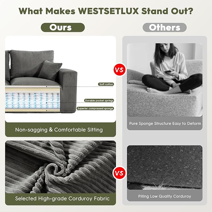 WESTSETLUX 108” Cloud Sectional Sofa Couch with High-Seat, Corduroy Modular Sofa with Oversized Chaise, High-Back Modern L-Shaped Couches for Living Room, No Assembly Required (Grey)