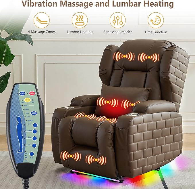 Wall Hugger Power Recliner Chair with Heat and Massage, Overstuffed Reclining Sofa Chair for Living Room Home Theater RV with 3-Side LED Lights/Cup Holders/USB & Type C Port (Coffee)