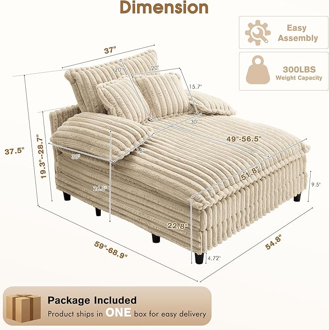 54.8" W Oversized Chaise Lounge Chair Indoor with 5-Position Adjustable Backrest, Plush Sleeper Sofa Bed with Pillows, Upholstered Cloud Couch Chair for Living Room, Study Room, Khaki