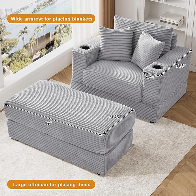 DAMAIFROM Oversized Chaise Lounge Chair Indoor with USB, Cup Holder & Ottoman, Firm Solid Wood Frame with Long Service Life Corduroy Oversized Lounge Reading Chair for Study Room - Grey