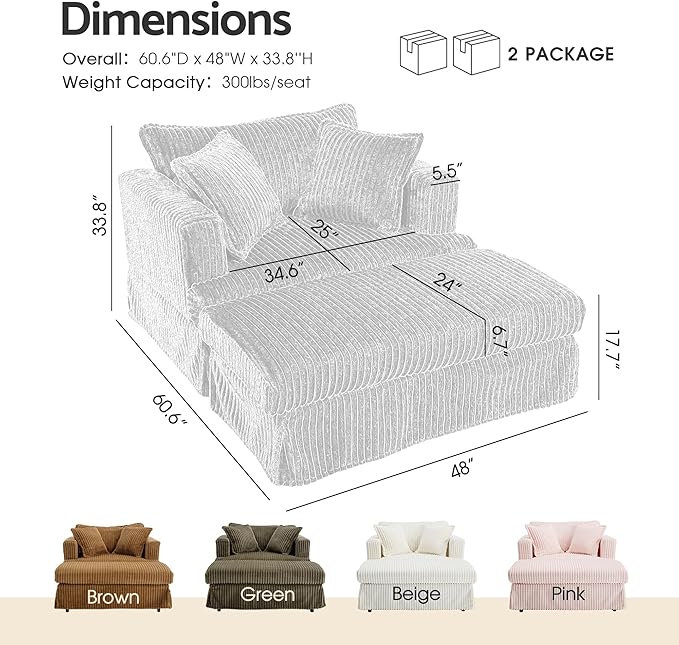 Indoor Chaise Lounge Chair with Ottoman, Comfy Faux Fur Plush Corduroy Lounge Sofa, Modern Cloud Couch Chair with Wide Armrests (Pink (No Storage))