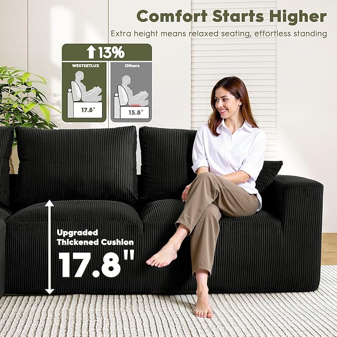 WESTSETLUX 108” Cloud Sectional Sofa Couch with High-Seat, Corduroy Modular Sofa with Oversized Chaise, High-Back Modern L-Shaped Couches for Living Room, No Assembly Required (Black)