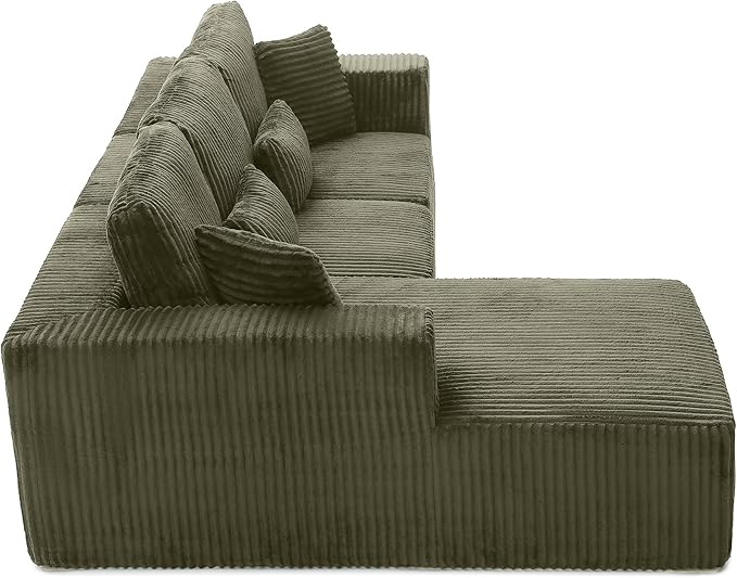 Modular Sectional Sofa Cloud Sectional Couch, 107" Comfy Fluffy L Shaped Olive Green Couches for Living Room, Deep Seat Memory Foam Plush Corduroy Boneless Couch Sectionals Left Facing Chaise Sofa