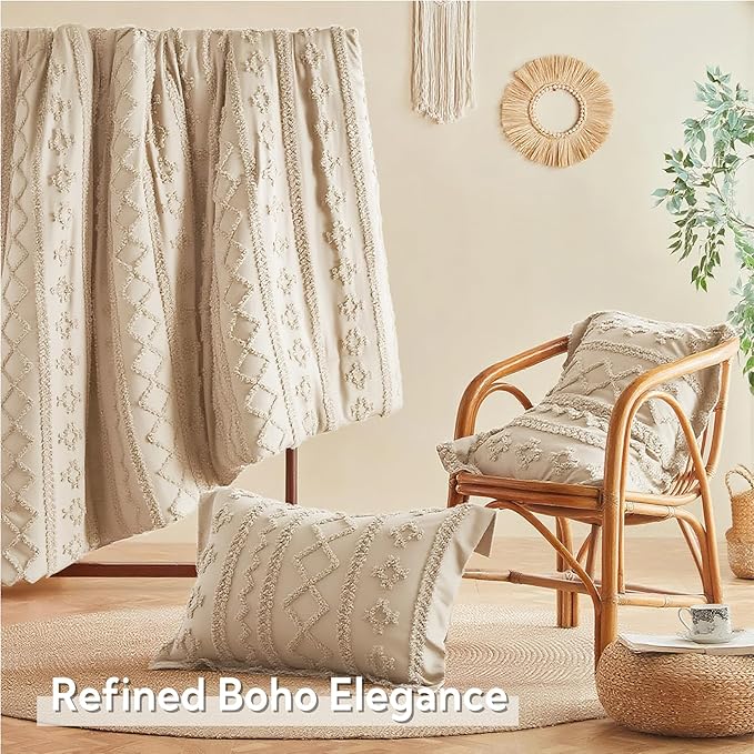 MR&HM King Size Comforter Set Beige, 7 Pieces Tufted Boho Beddding Sets, Farmhouse Style Bed in a Bag with 1 Comforter, 2 Pillow Shams, 2 Pillowcases, 1 Flat Sheet, 1 Fitted Sheet for All Seasons