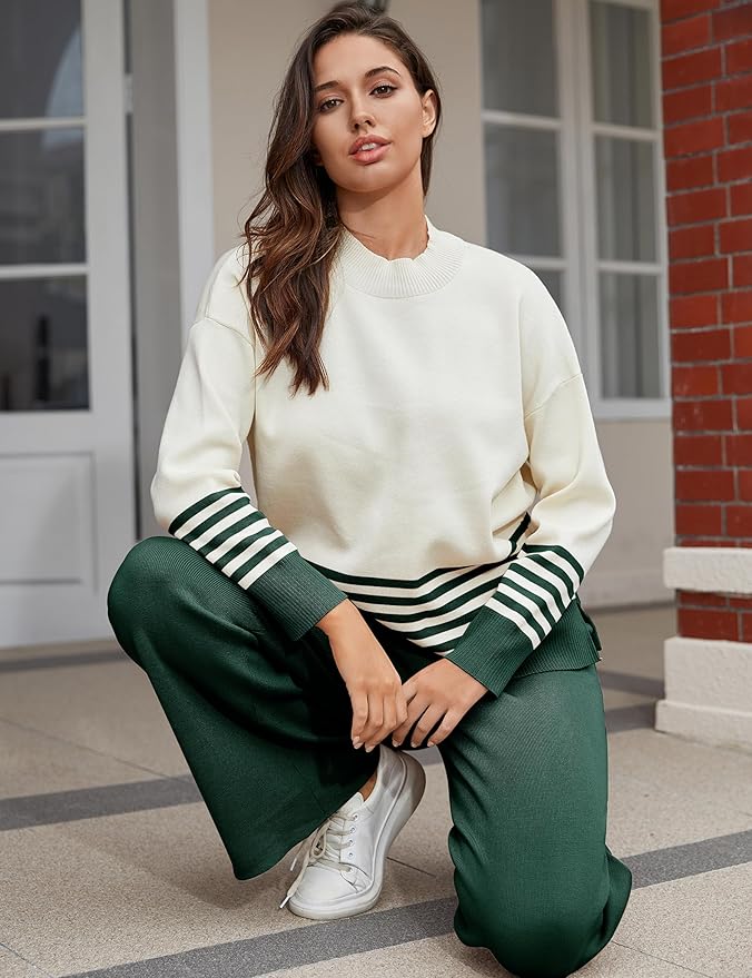 Tanming Women's Lounge Sets 2 Piece Outfits Knitted Pullover Sweater Tops Wide Leg Pants Tracksuit
