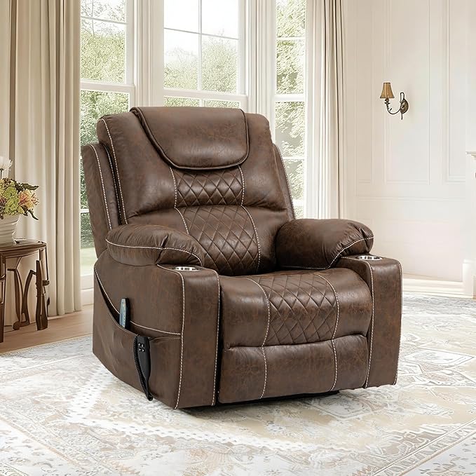 Oversized Power Lift Recliner Chair for Big and Tall 400 LBS, 25" Large Electirc Recliner Chair with Massage and Heating, 180° Lay Flat Zero Gravity Recliner Sofa, Leather, Coffee Brown